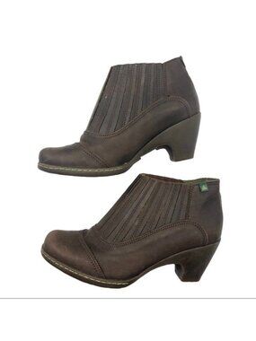 El Naturalista Brown Leather Ankle Boots Womens Slip On Stack Heel Sz EU 37/US 7